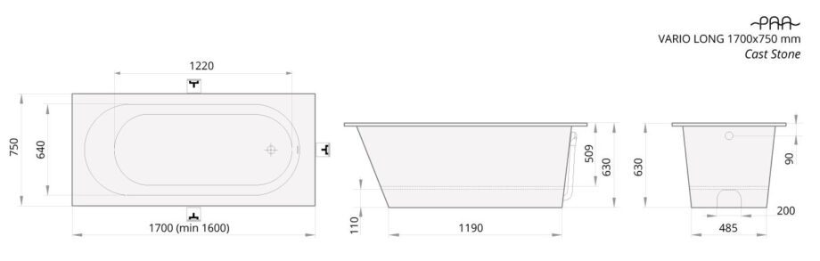 Vann PAA VARIO LONG cast stone läikiv kivimassist vann - 1 nurk ümardatud