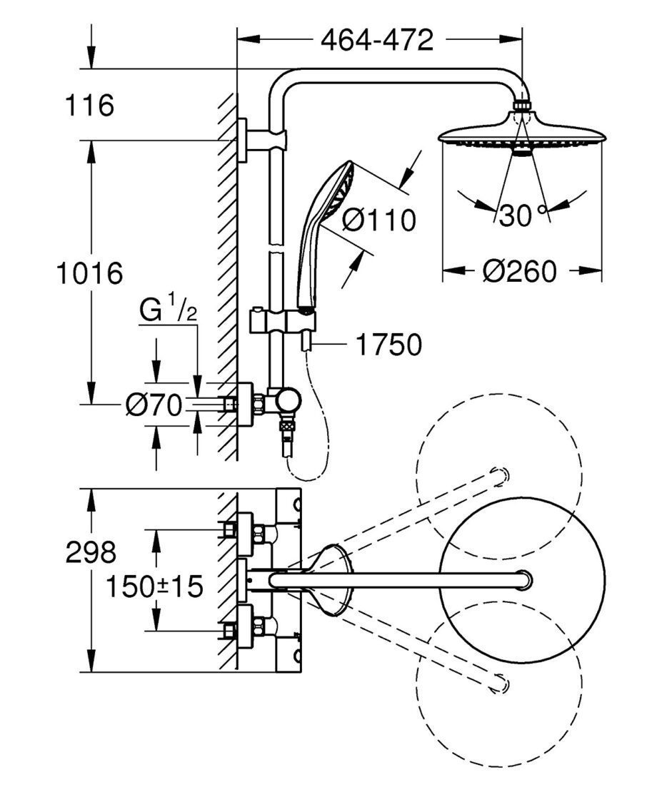 Dushisegisti termostaadiga GROHE Euphoria 260, käsidushiga Euphoria 110 Massage, kroom