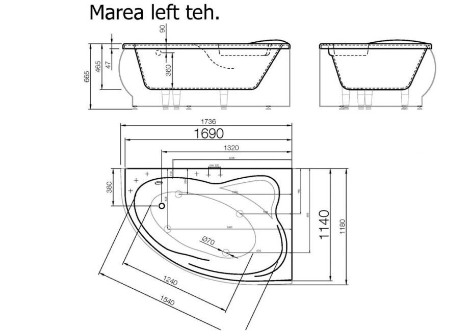 Vann Vispool Marea, vasak nurk, valge 169x114mm