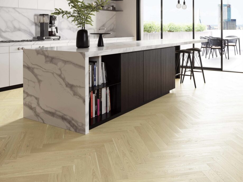 Parkett Tamm, EstaParket, Oak Herringbone AB Dazy, faasitud, harjatud, ekstra matt lakk 5%, kalasabamuster – vaade 2
