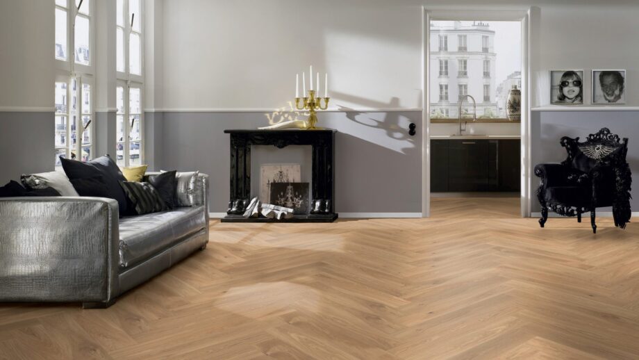 Parkett Tamm, ter Hürne, oak light beige, kalasaba parkett, harjatud, faasitud, valge naturaalõli – vaade 3