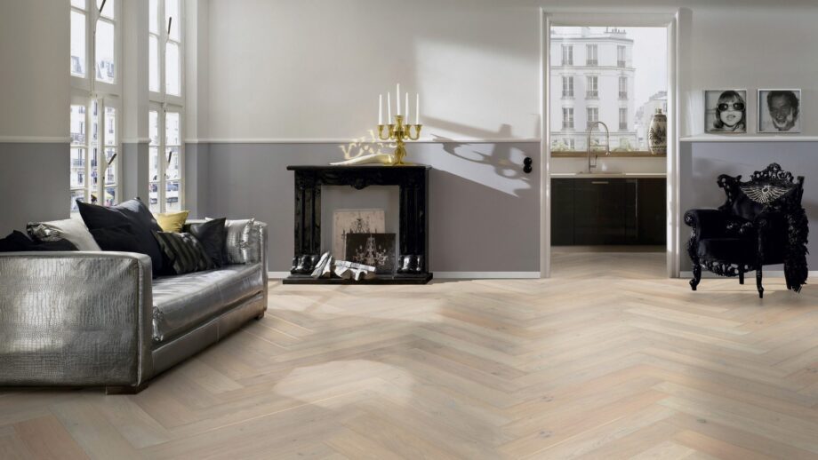 Parkett Tamm, ter Hürne, Oak sand grey, kalasaba parkett, harjatud, faasitud, naturaalõli – vaade 4