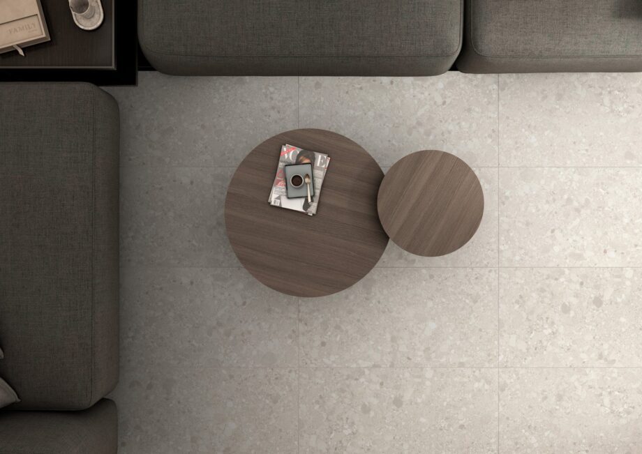 Terrazzo mustriga matt keraamiline põrandaplaat Tau Clemon Ivory, 60x60 ja 60x120 cm, elevandiluuvalge, R10, rektifitseeritud – vaade 3