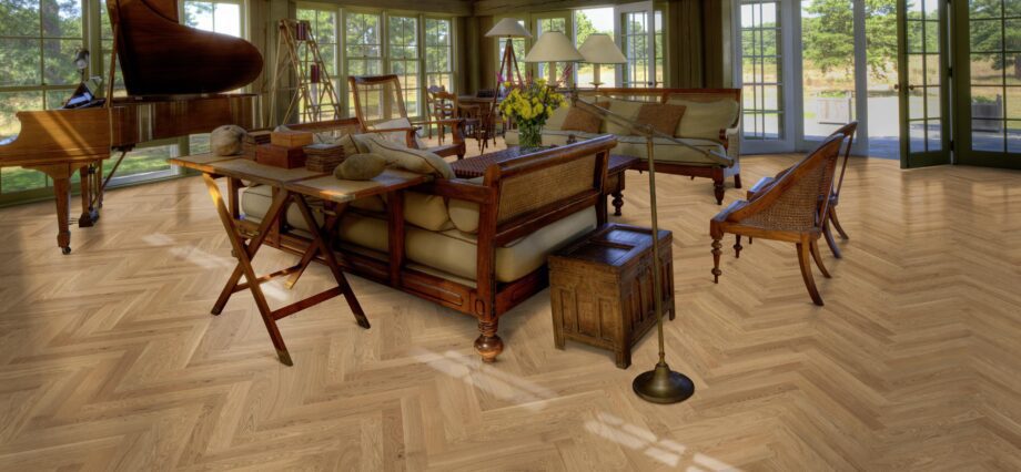 Herringbone parquet Bauwerk Monopark Oak Rustic 45 oiled installed on living room floor