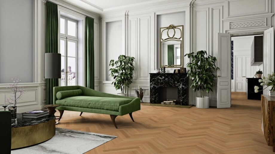 Herringbone flooring Bauwerk Monopark Oak Nature 13 installed on the floor in classical style room