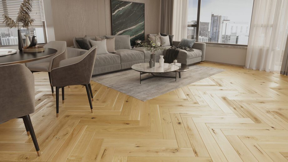 Herringbone floor Barlinek Oak Raisins matt lacquered installed on the living room floor