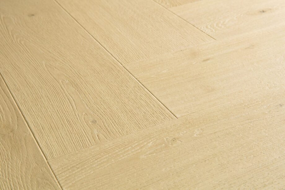 Herringbone laminate floor Quick-Step Impressive Disain Ginger Oak color, surface structure, bevels and sorting description