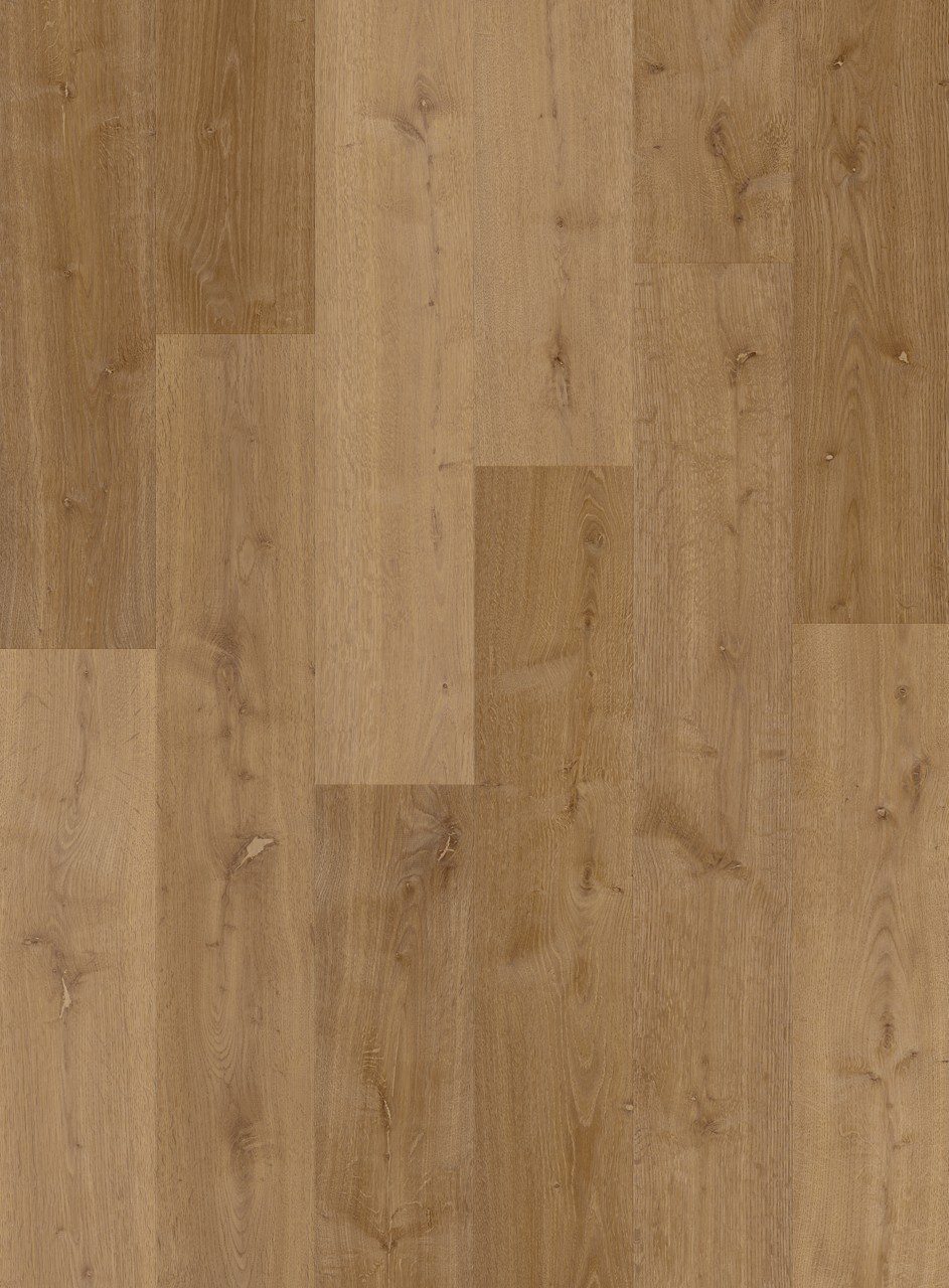 LVT parkett Quick-Step Bloom Elegant Fumed Oak helepruuni tooni ja rustikaalse tammest põrandalaua välimusega.