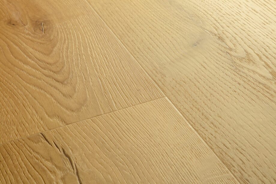 Vinyylilankku Quick Step Bloom Brushed Oak Honey, lämmin hunajainen tammen sävy ja harjattu tammikuviointi.