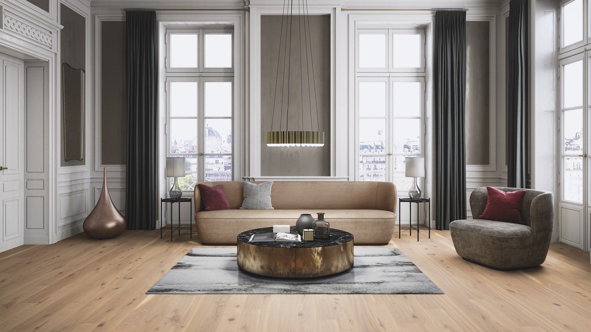 Engineered wooden flooring Bauwerk Boen Casapark Oak 46 Vivo brushed Avorio light oil-waxed installed on a living room floor. Classical modern mix stile with design sofa and chair. Nice design lightning. Marble top metallic side sofa table. Disain carpet.