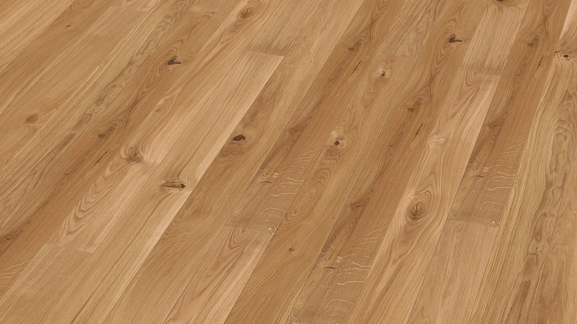 Parketti Bauwerk tammi 46 asennettuna kodin lattialle – luonnollinen, lämminsävyinen tammensävy ja rustiikkinen sorteerus (oksakohtia ja eläväistä sävyvaihtelua). Harjattu pinta, viisteet ja mattalakattu viimeistely korostavat puun aitoa tekstuuria.