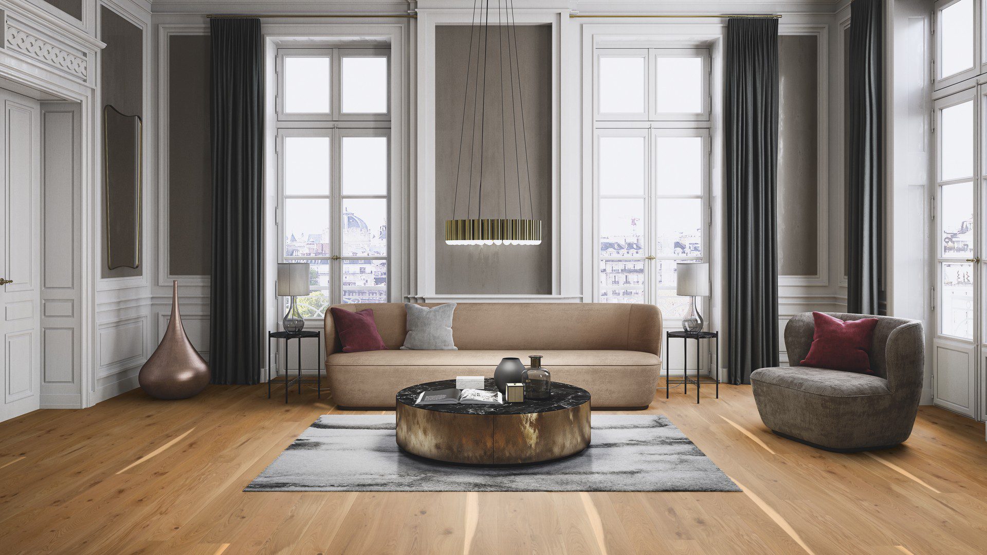 Parquet floor Bauwerk Boen Casapark Oak 46 Vivo brushed and oil-waxed 138mm wide installed on livingroom floor. Disainer sofa and chair. Beutiful sofa table., grey designer carpet under it.