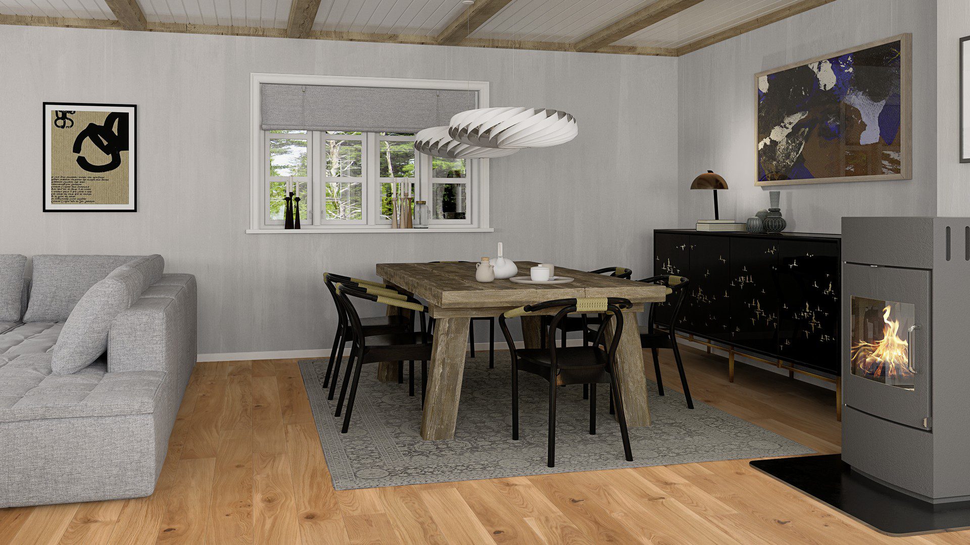 Паркет Bauwerk Casapark дуб 46 (138 мм), брашированный и матово-лакированный, с фасками — уложен на полу гостиной с открытой кухней; серый диван, обеденный стол со стульями и топящаяся серая каминная печь. Рустикальная сортировка с выразной текстурой и сучками.