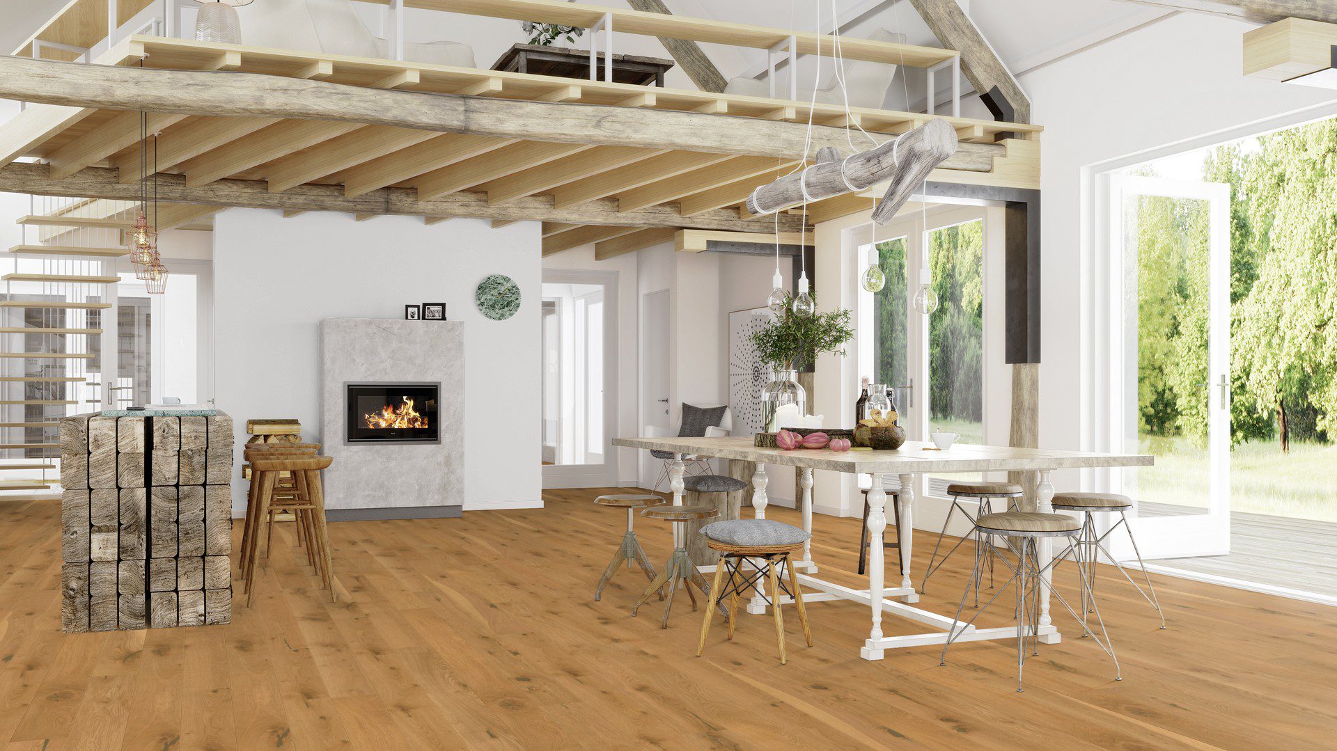 Tammiparketti Bauwerk Casapark Tammi 56 harjattu öljyvahattu asennettuna olohuoneen lattialle – harmaa sohva, keltainen nojatuoli ja pienet pyöreät sohvapöydät, joiden alla on harmaa tilkkumatto; luonnollinen tammen sävy, harjattu pinta ja elävä puukuvio.