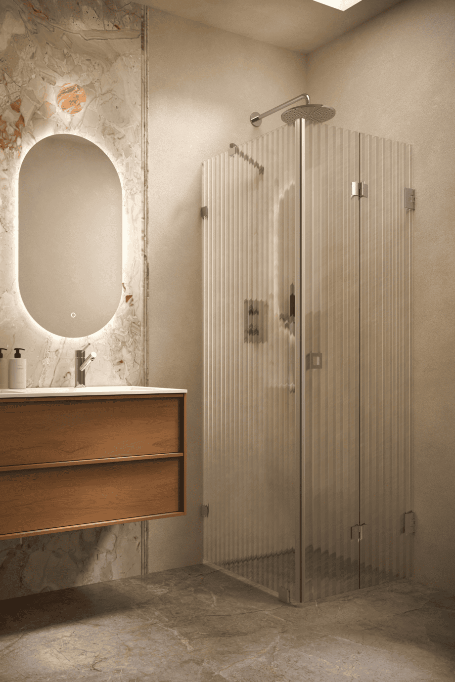 Dušinurk Hietakari Vetro 541, harjatud furnituur, Reeded soonikklaas