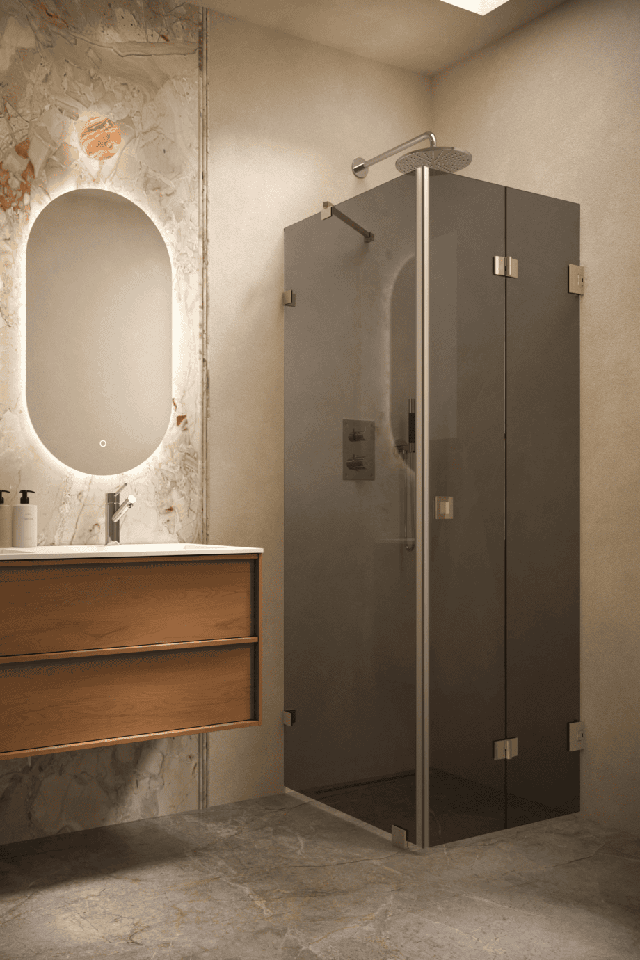 Dušinurk Hietakari Vetro 541, messingfurnituur, must klaas