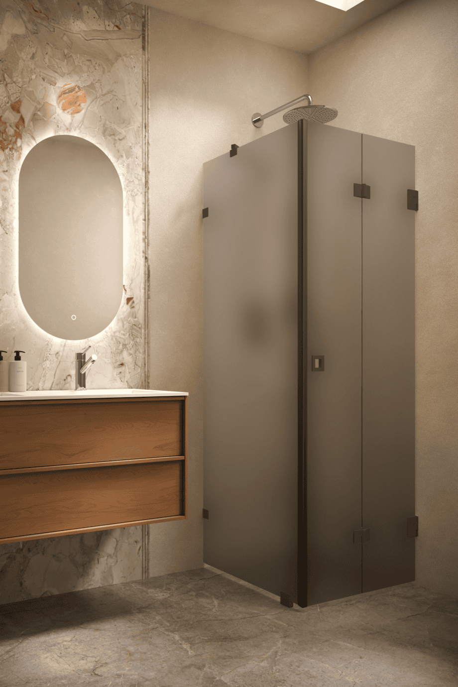 Dušinurk Hietakari Vetro 541, must furnituur, hall satiinklaas