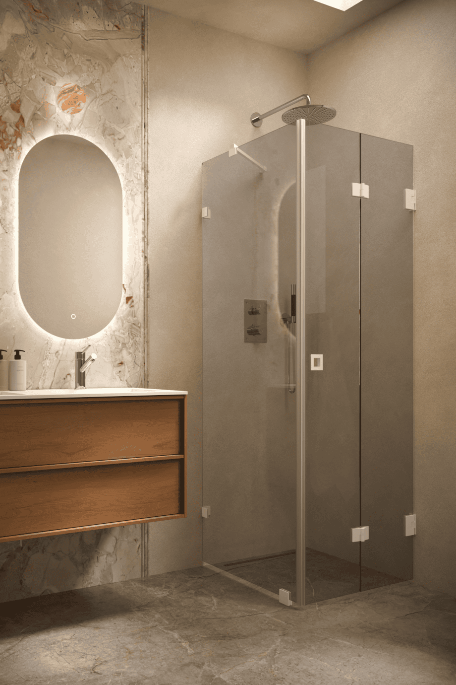 Dušinurk Hietakari Vetro 541, valge furnituur, hall toonklaas