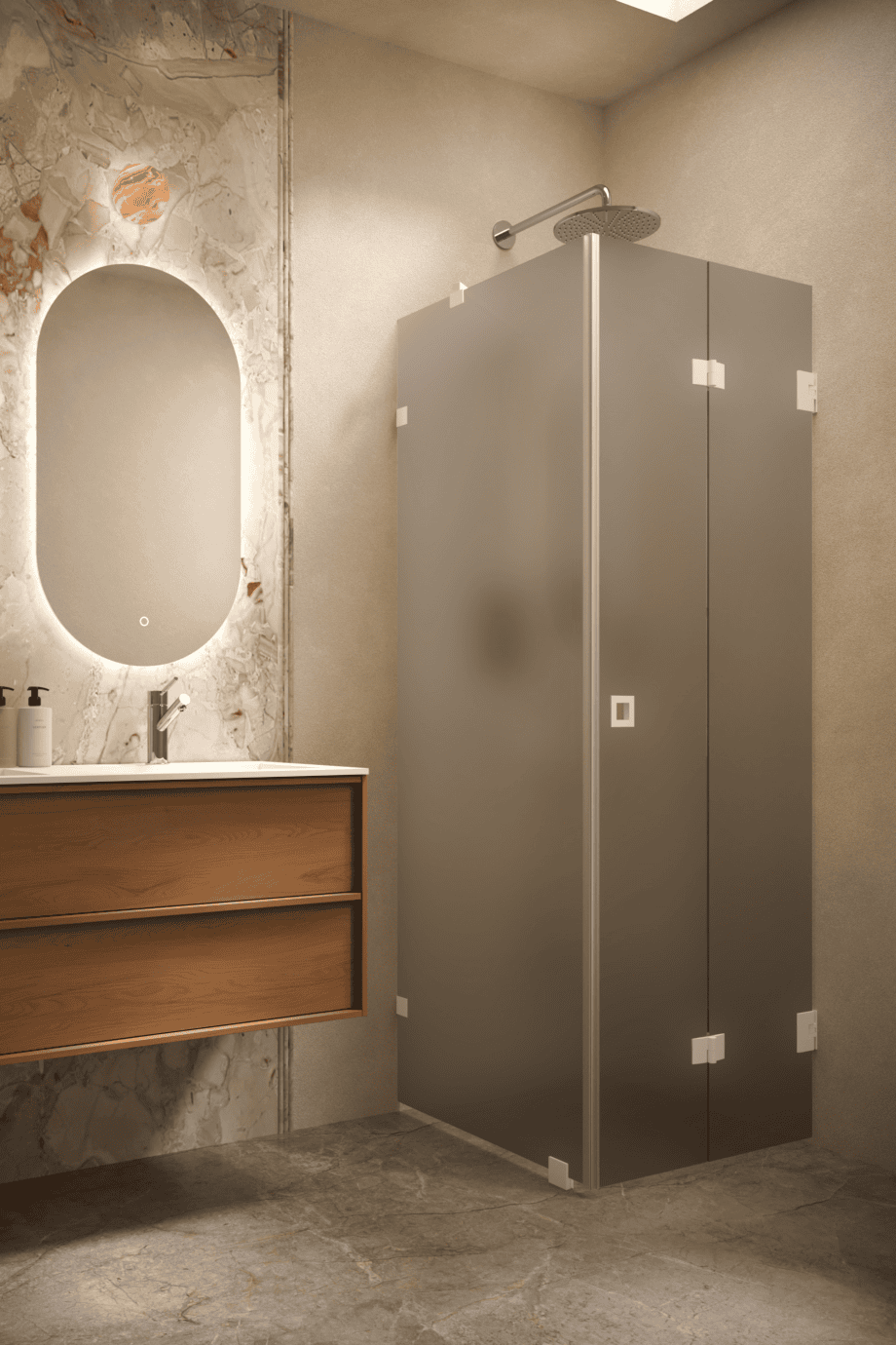 Dušinurk Hietakari Vetro 541, valge furnituur, hall satiinklaas