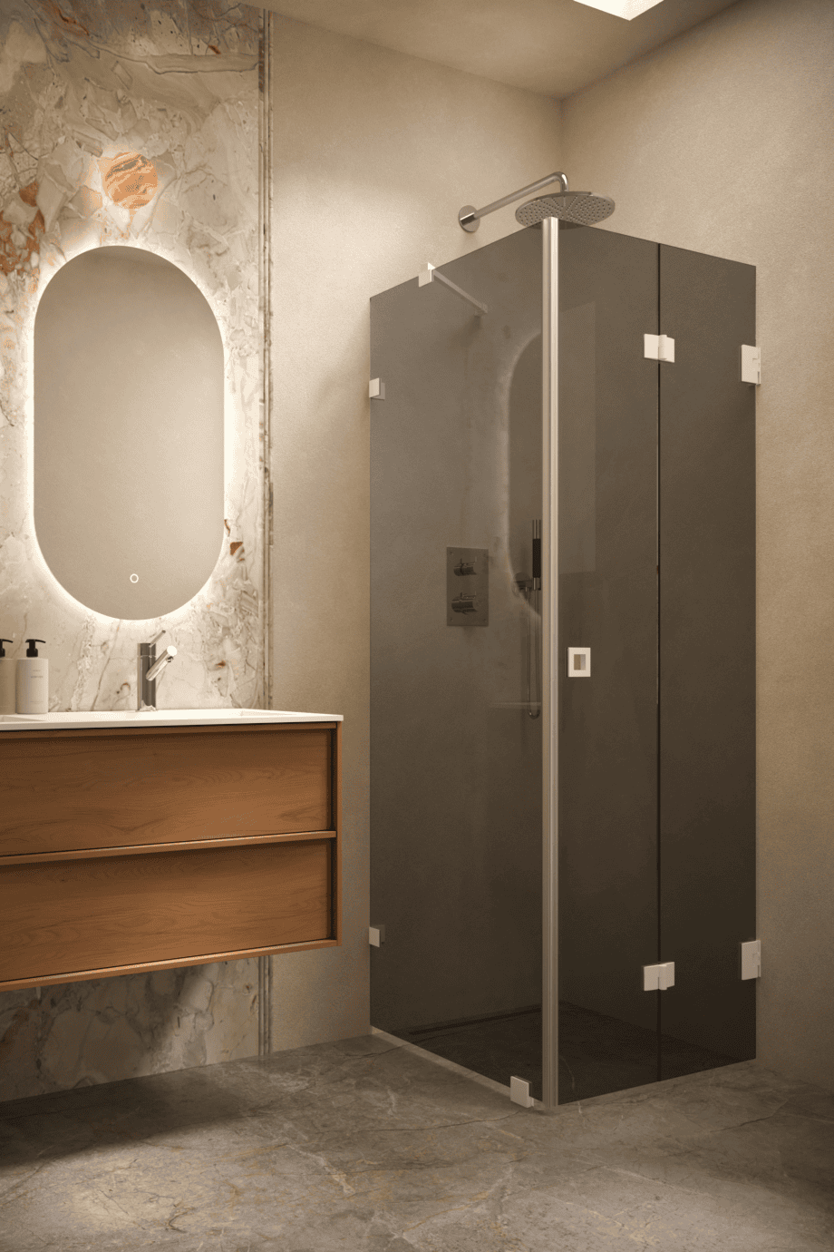Dušinurk Hietakari Vetro 541, valge furnituur, must klaas