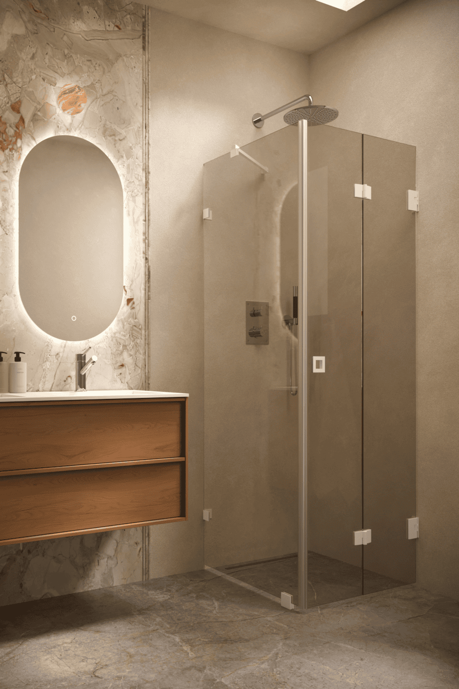 Dušinurk Hietakari Vetro 541, valge furnituur, pronkstoonklaas