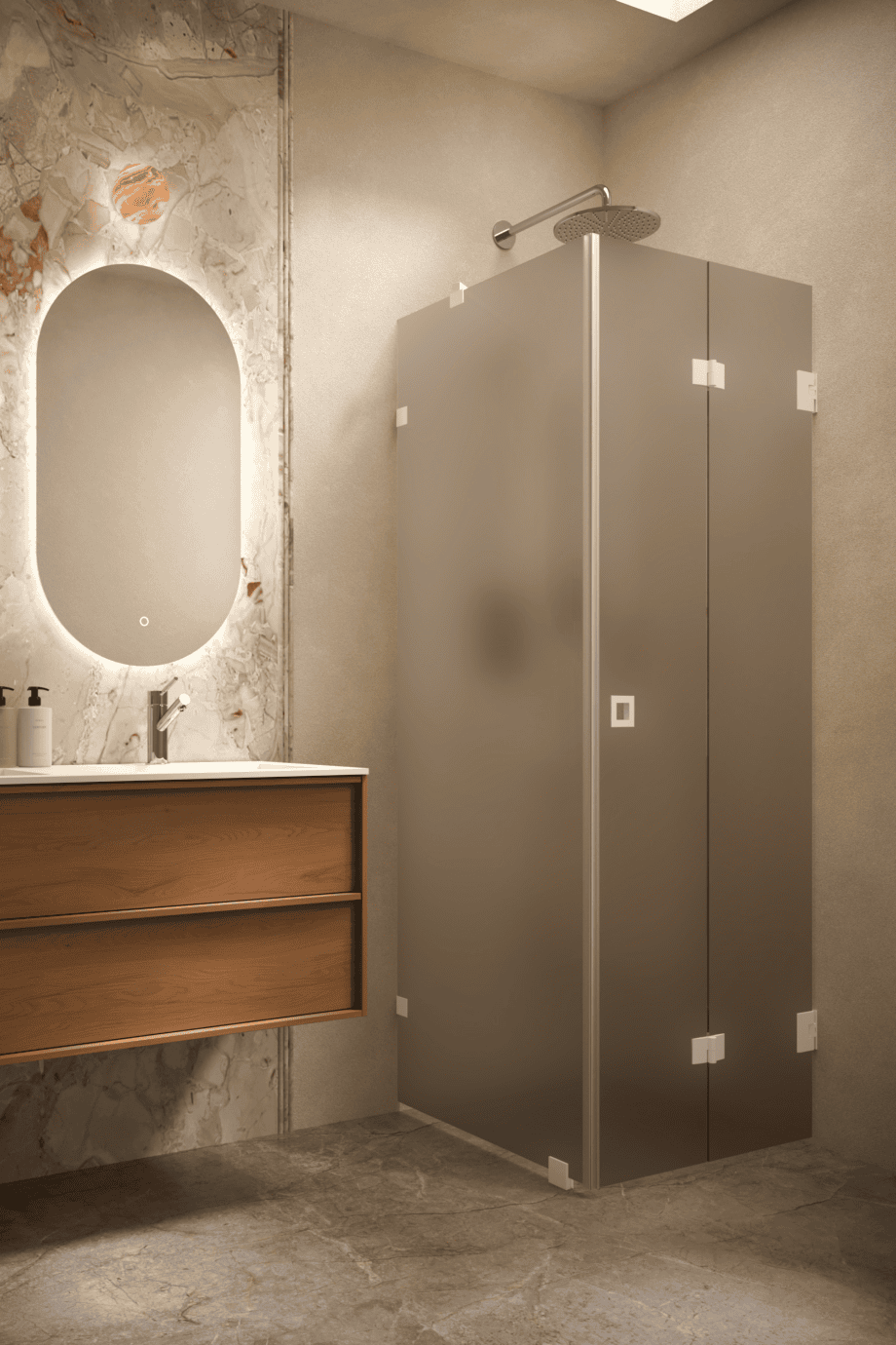 Dušinurk Hietakari Vetro 541, valge furnituur, pruun satiinklaas