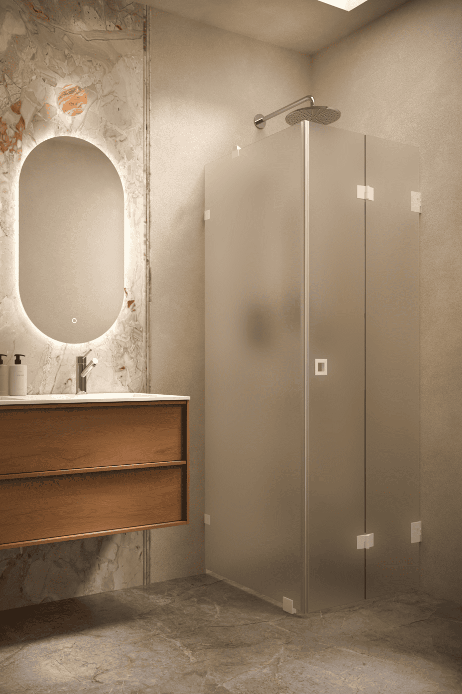 Dušinurk Hietakari Vetro 541, valge furnituur, ülikirgas satiinklaas