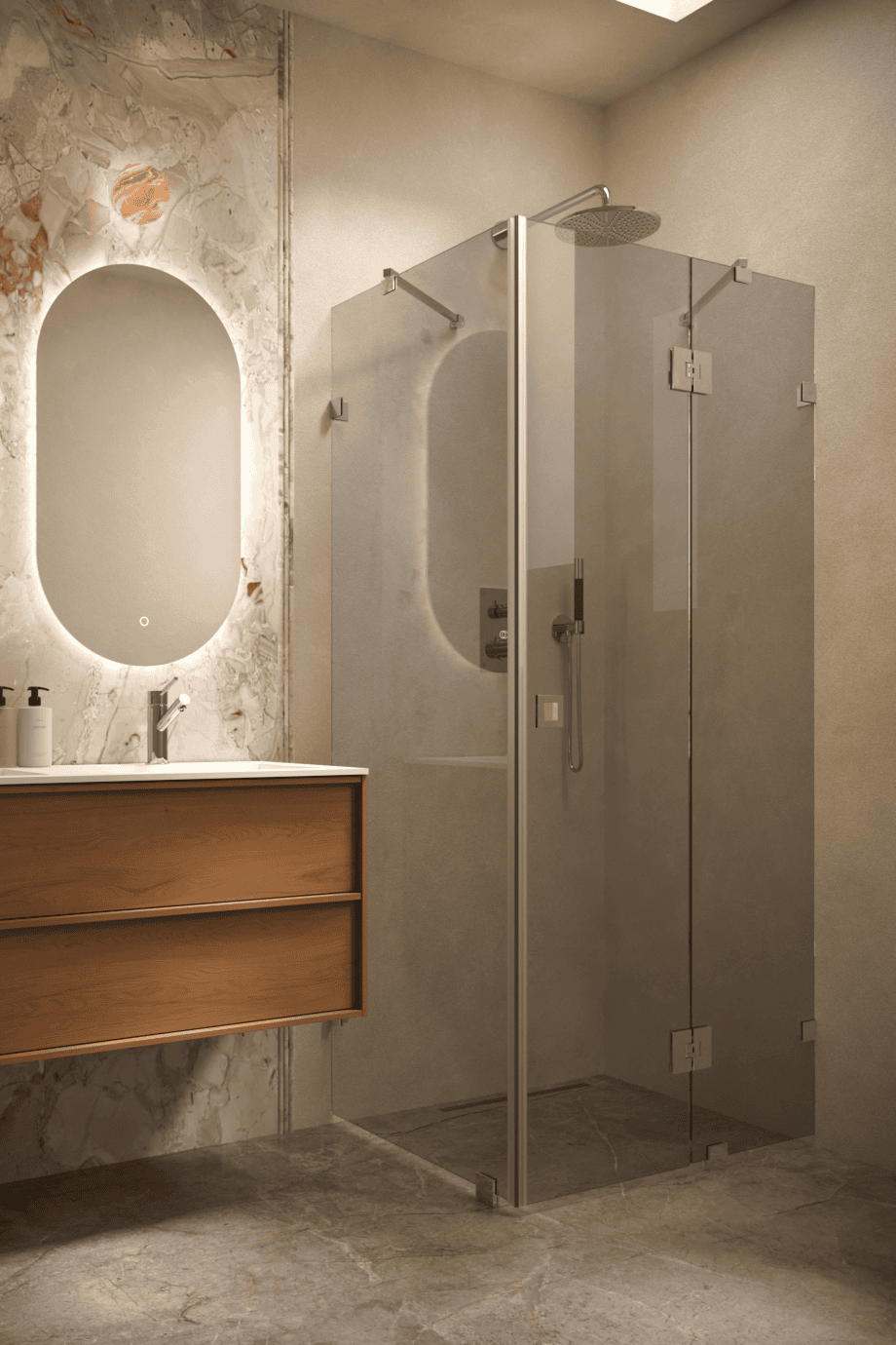Dušinurk Hietakari Vetro 542, kroomitud furnituur, hall toonklaas