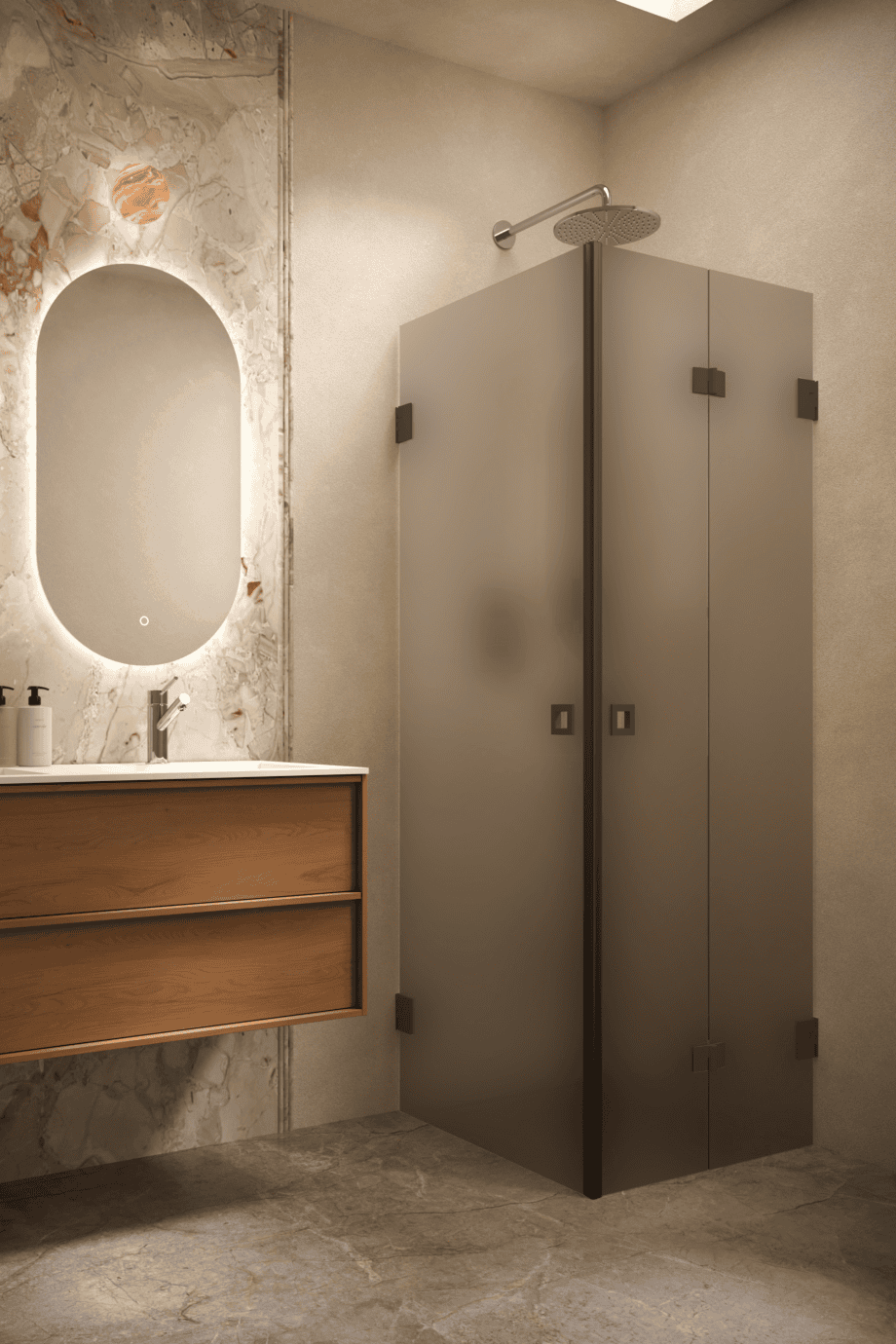 Dušinurk Hietakari Vetro 544, must furnituur, pruun satiinklaas