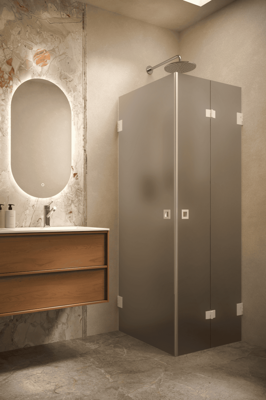 Dušinurk Hietakari Vetro 544, valge furnituur, hall satiinklaas