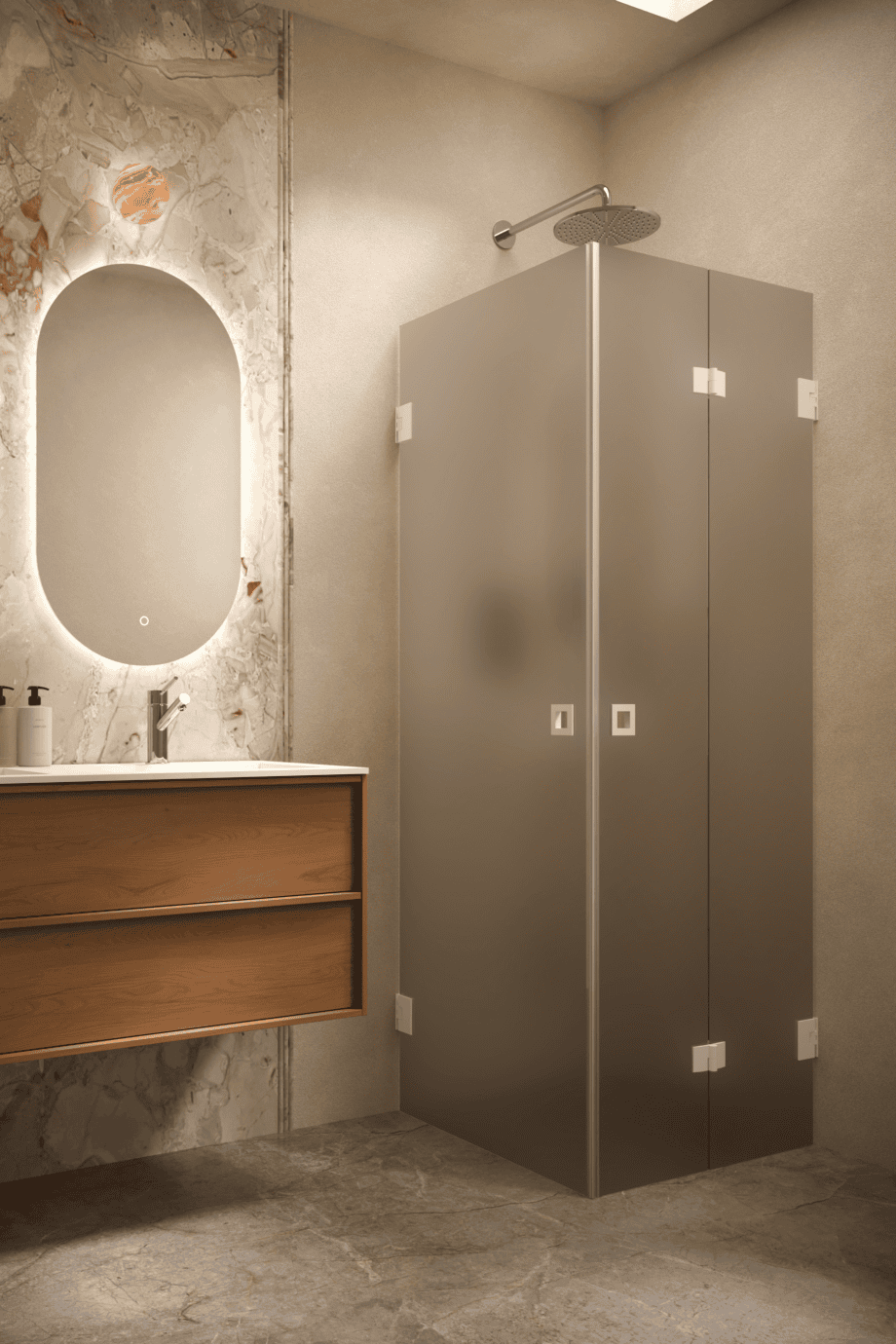 Dušinurk Hietakari Vetro 544, valge furnituur, pruun satiinklaas