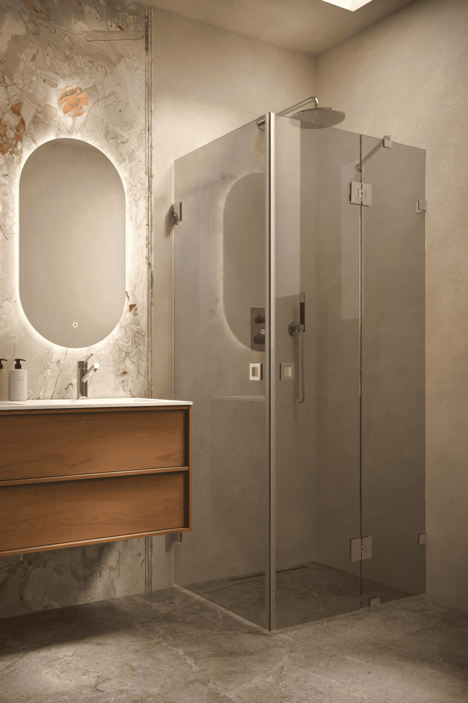 Dušinurk Hietakari Vetro 545, kroomitud furnituur, hall toonklaas