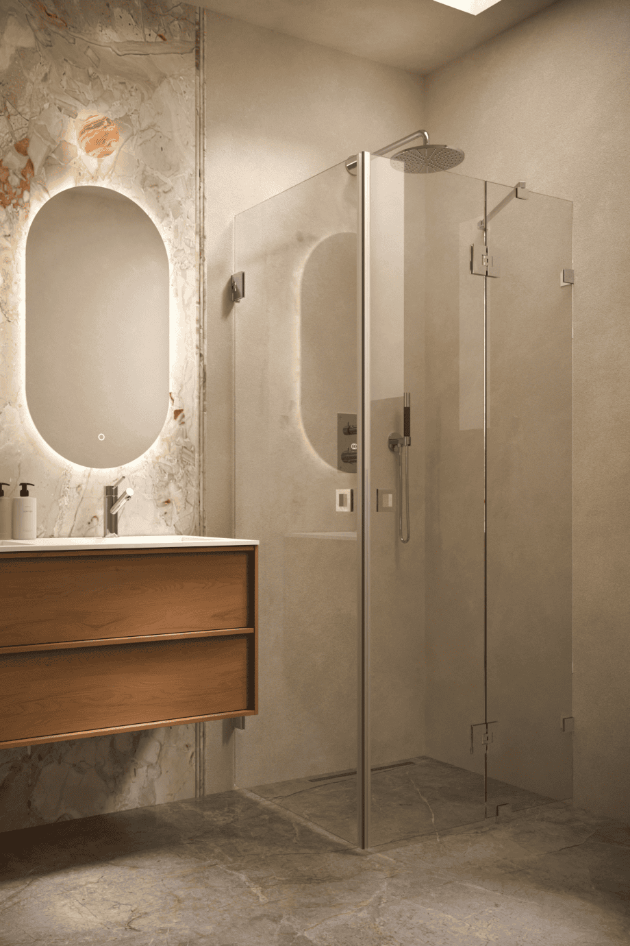 Dušinurk Hietakari Vetro 545, kroomitud furnituur, läbipaistev klaas