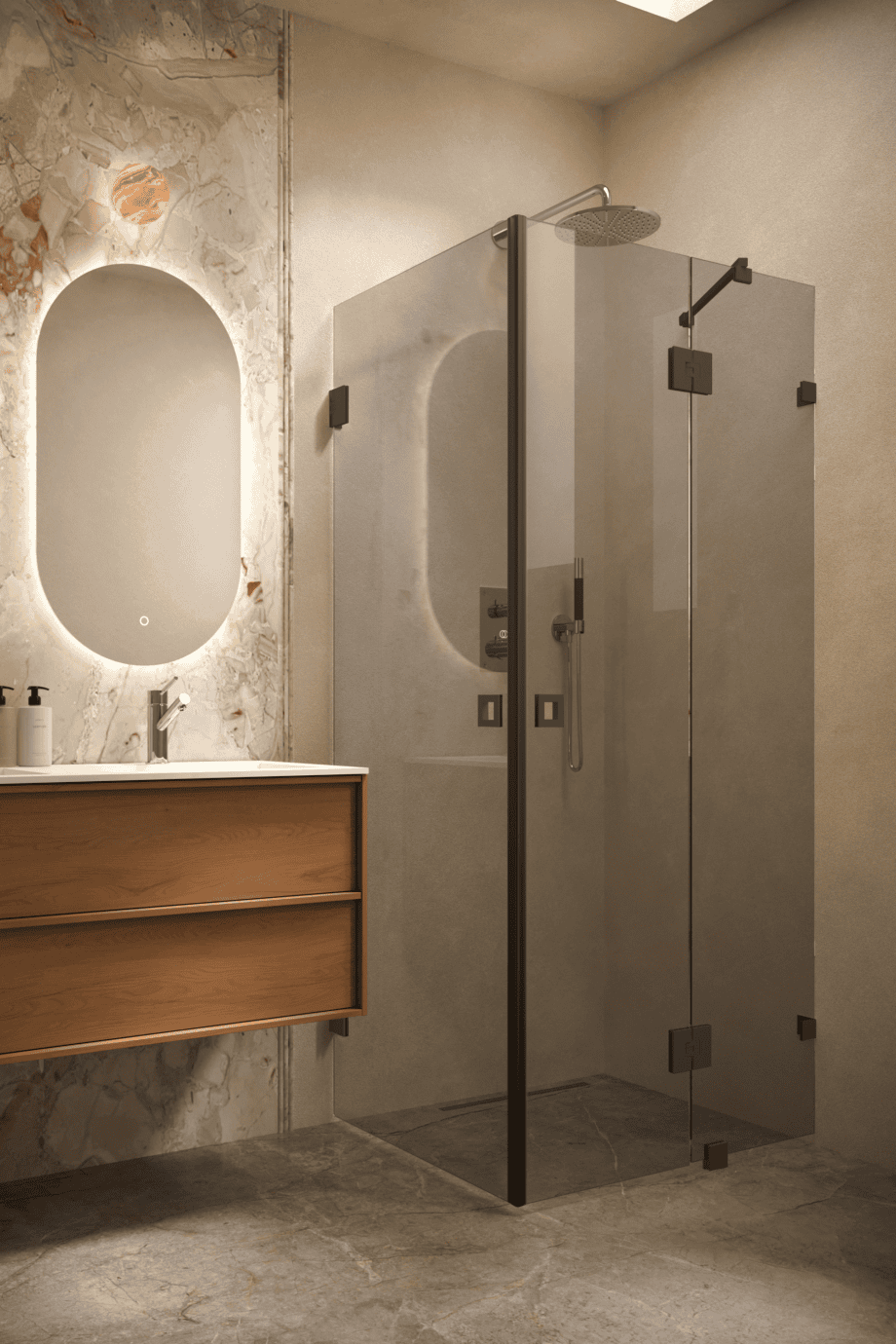 Dušinurk Hietakari Vetro 545, must furnituur, hall toonklaas
