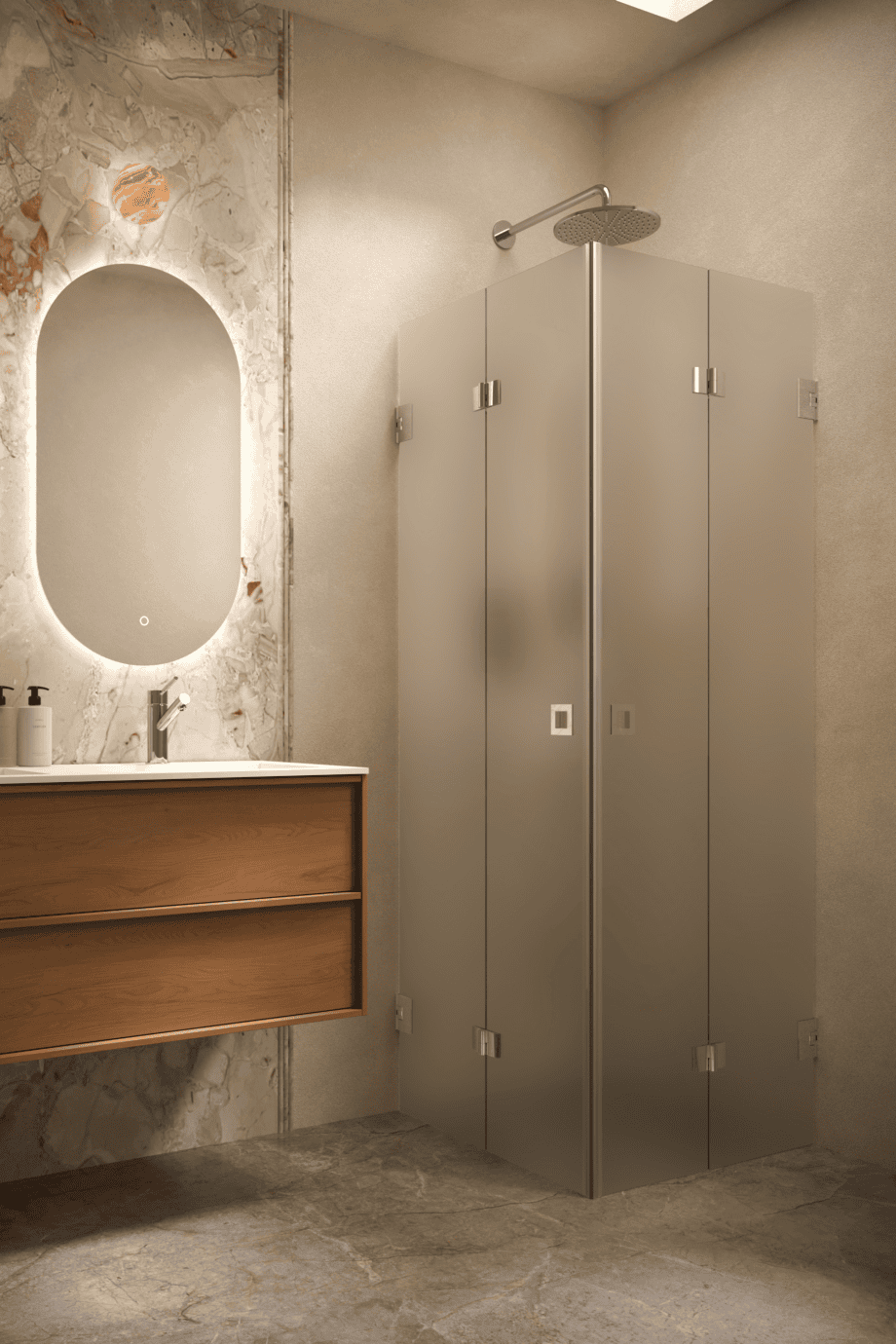 Dušinurk Hietakari Vetro 546, kroomitud furnituur, satiin mattklaas