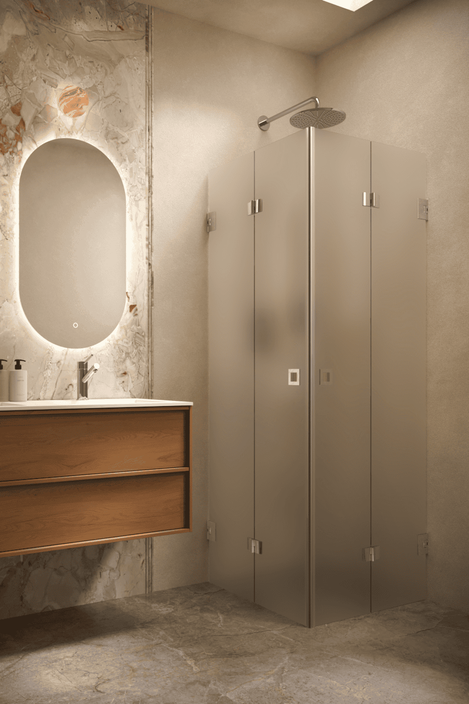 Dušinurk Hietakari Vetro 546, kroomitud furnituur, ülikirgas satiinklaas