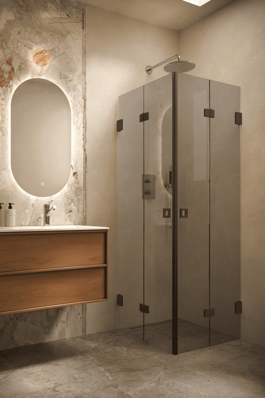 Dušinurk Hietakari Vetro 546, must furnituur, hall toonklaas
