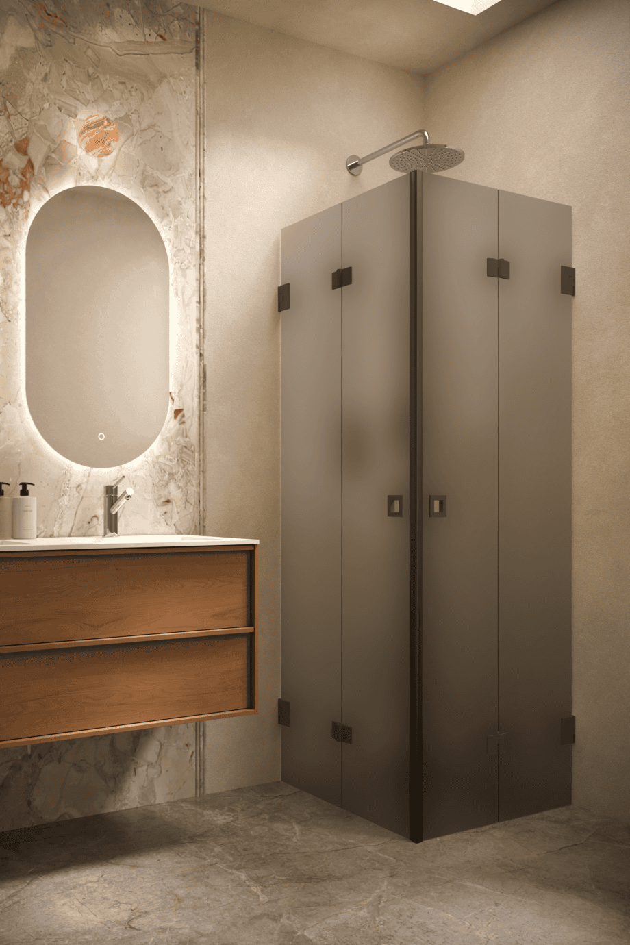 Dušinurk Hietakari Vetro 546, must furnituur, hall satiinklaas