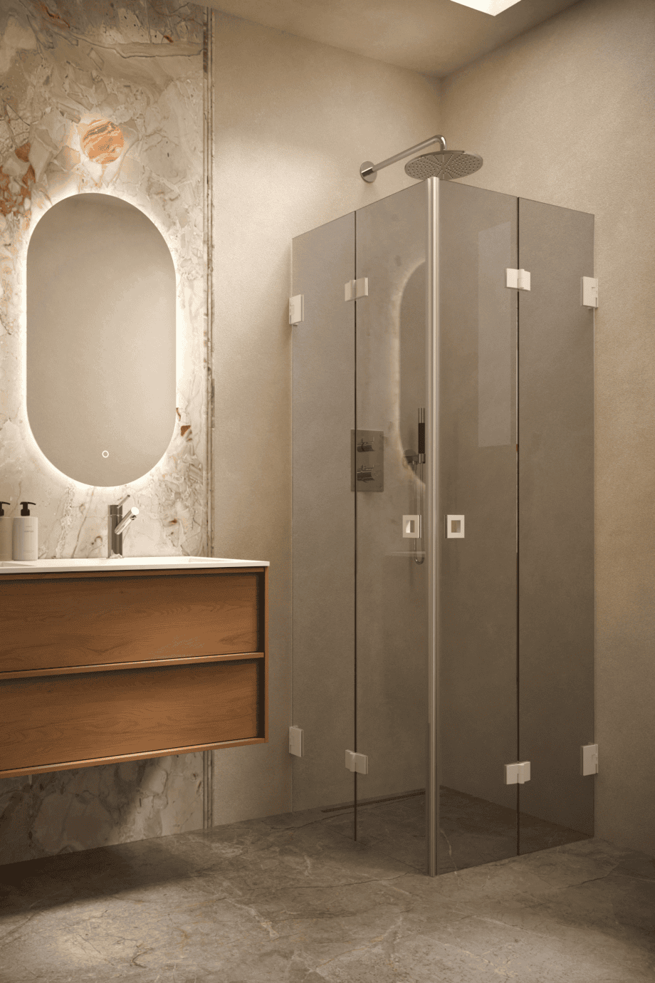 Dušinurk Hietakari Vetro 546, valge furnituur, hall toonklaas