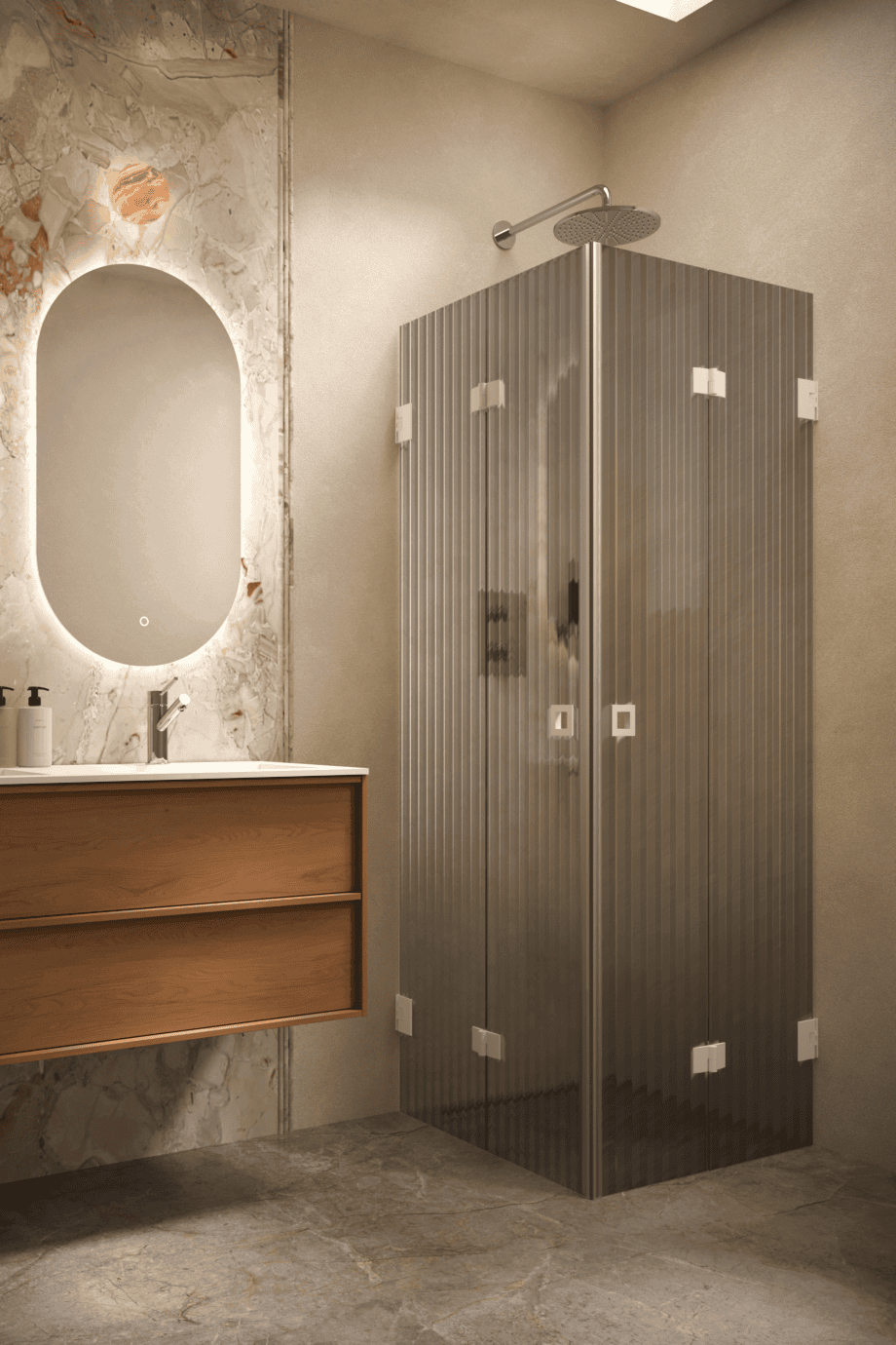 Dušinurk Hietakari Vetro 546, valge furnituur, hall Reeded soonikklaas