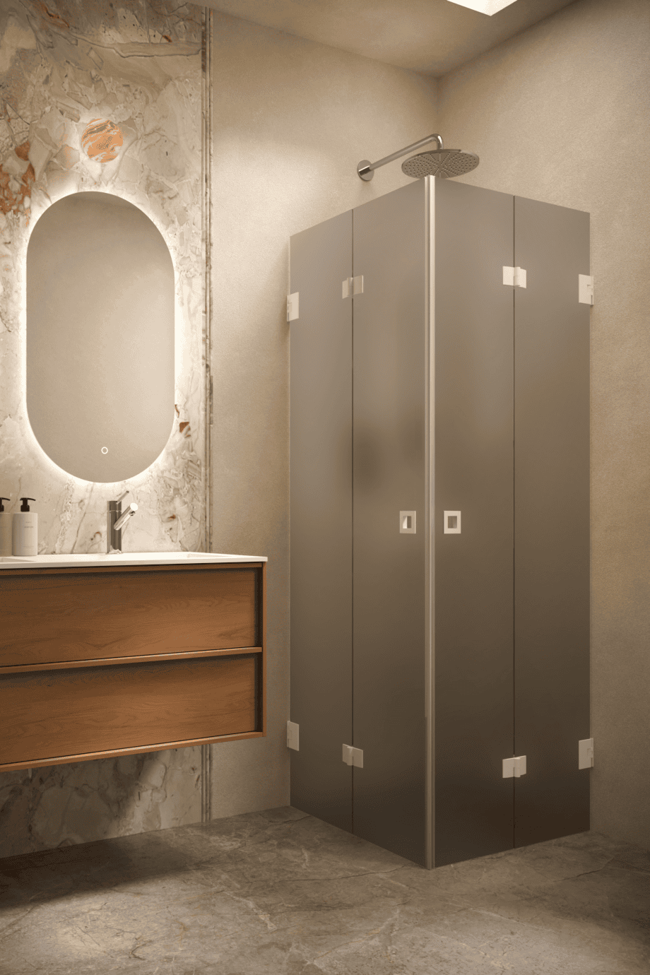 Dušinurk Hietakari Vetro 546, valge furnituur, hall satiinklaas