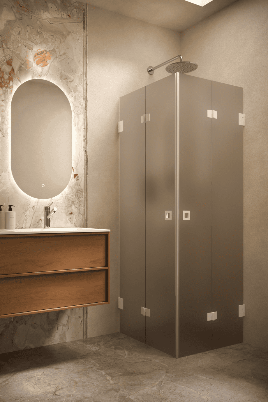Dušinurk Hietakari Vetro 546, valge furnituur, pruun satiinklaas