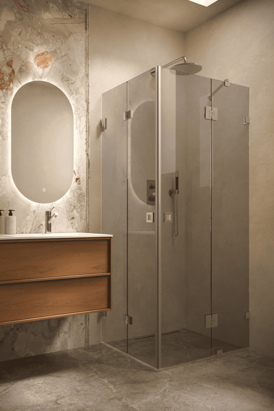 Dušinurk Hietakari Vetro 547, kroomitud furnituur, hall toonklaas