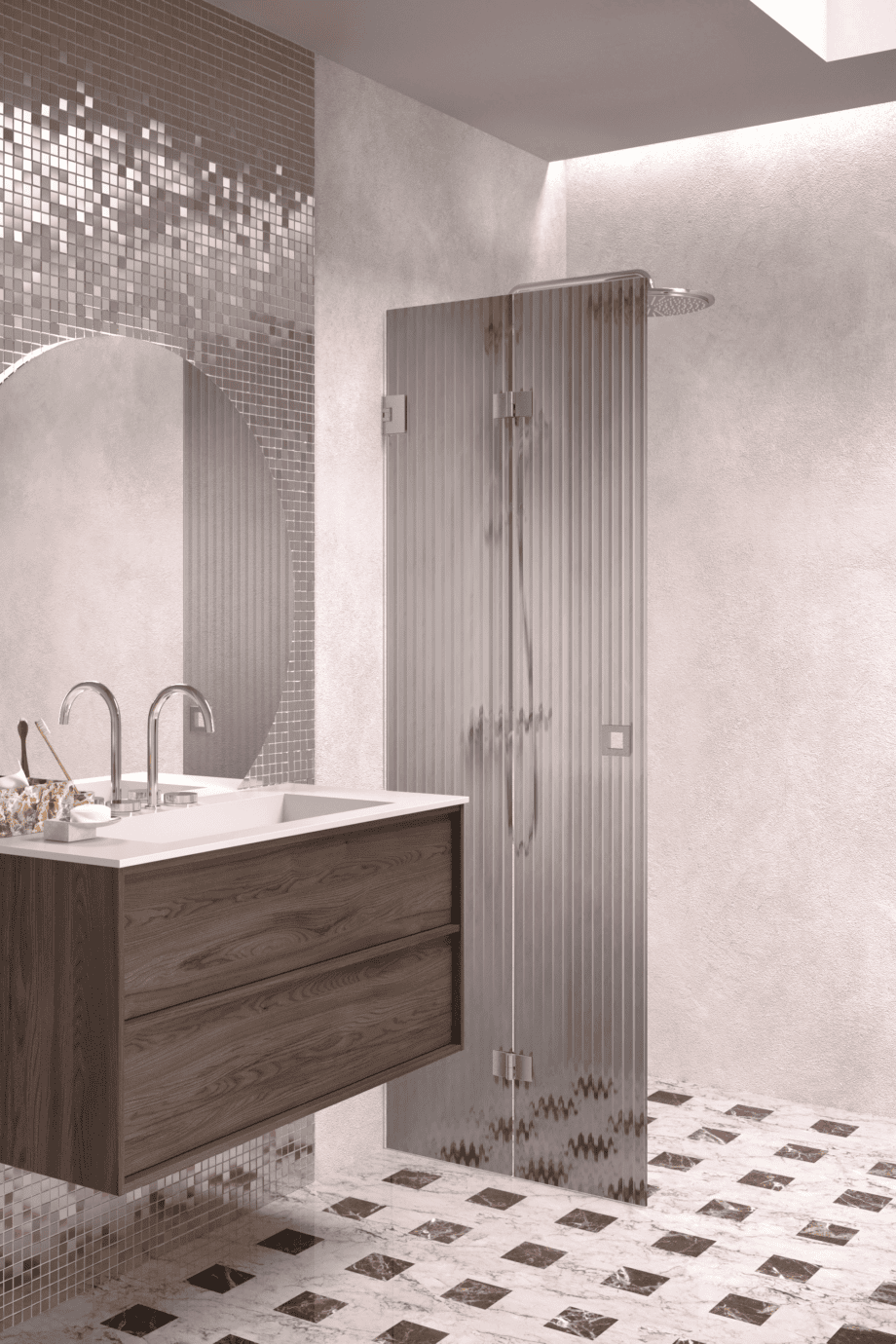 Volditav dušisein Hietakari Vetro 513, harjatud furnituur, hall Reeded soonikklaas Volditav dušisein Hietakari Vetro 513, harjatud furnituur, hall Reeded soonikklaas