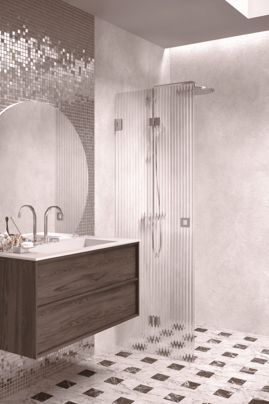 Volditav dušisein Hietakari Vetro 513, harjatud furnituur, Reeded soonikklaas Volditav dušisein Hietakari Vetro 513, harjatud furnituur, Reeded soonikklaas