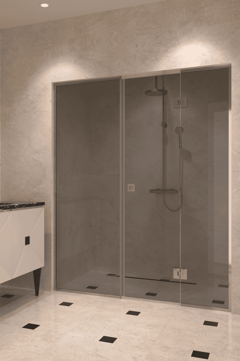 Dušisein nišši Hietakari Vetro 551, kroomitud furnituur, hall toonklaas