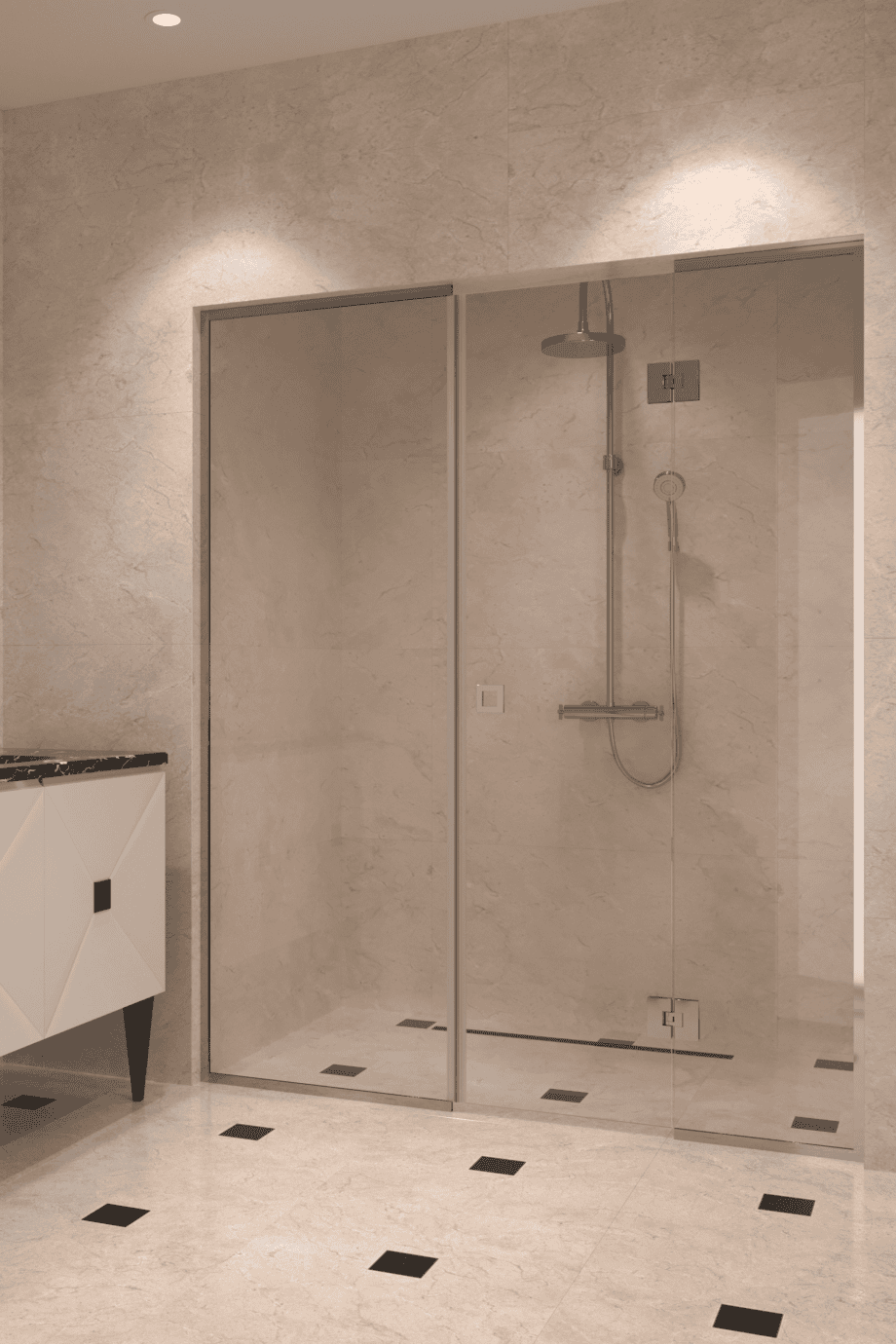 Dušisein nišši Hietakari Vetro 551, kroomitud furnituur, läbipaistev klaas