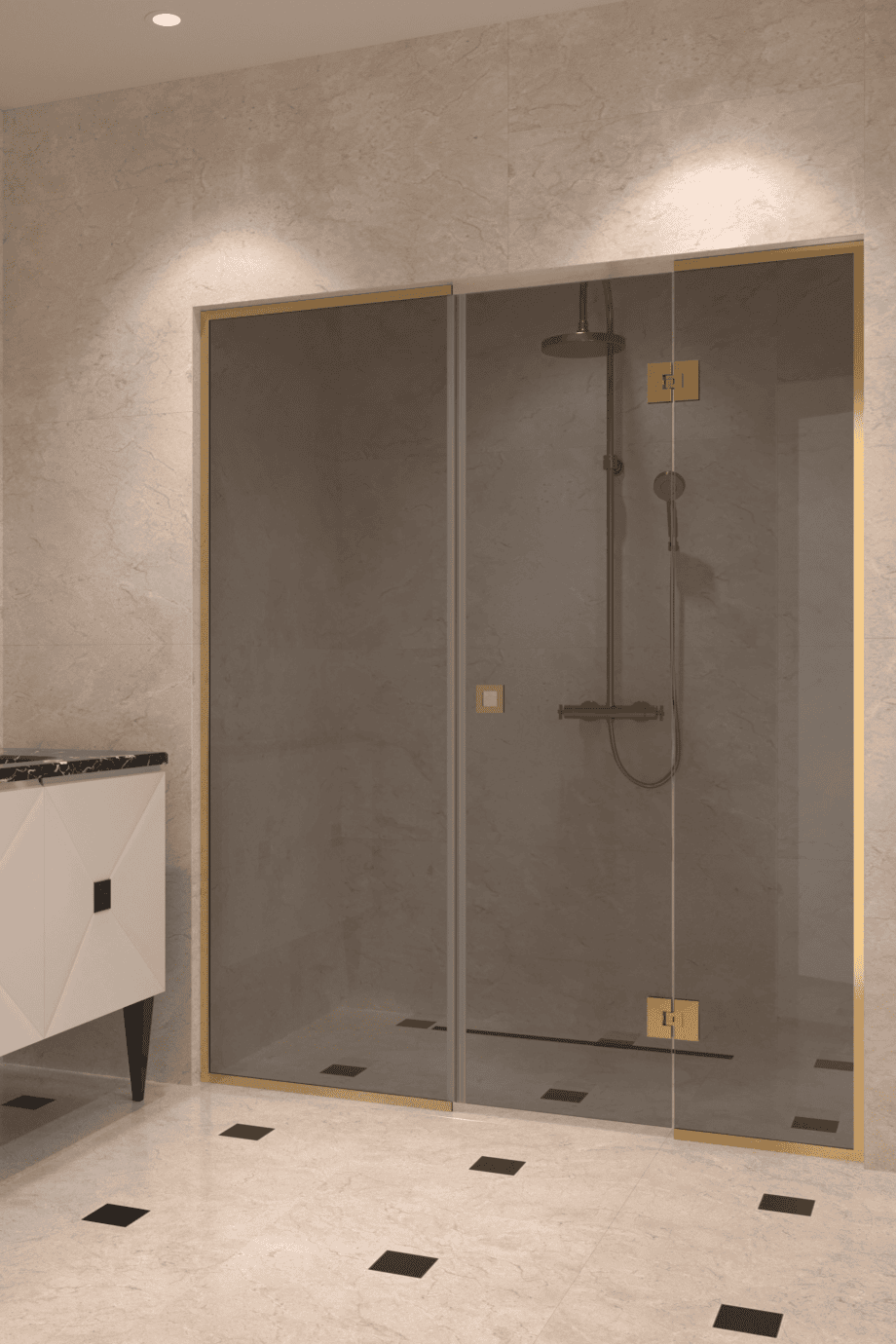 Dušisein nišši Hietakari Vetro 551, messingfurnituur, hall toonklaas
