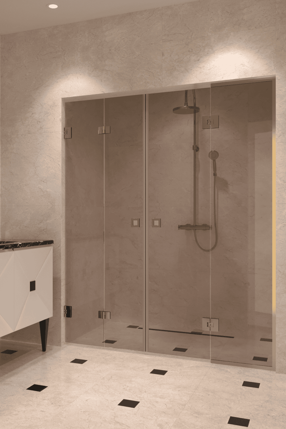 Dušisein nišši Hietakari Vetro 553, messingfurnituur, pronkstoonklaas Dušisein nišši Hietakari Vetro 553, messingfurnituur, pronkstoonklaas