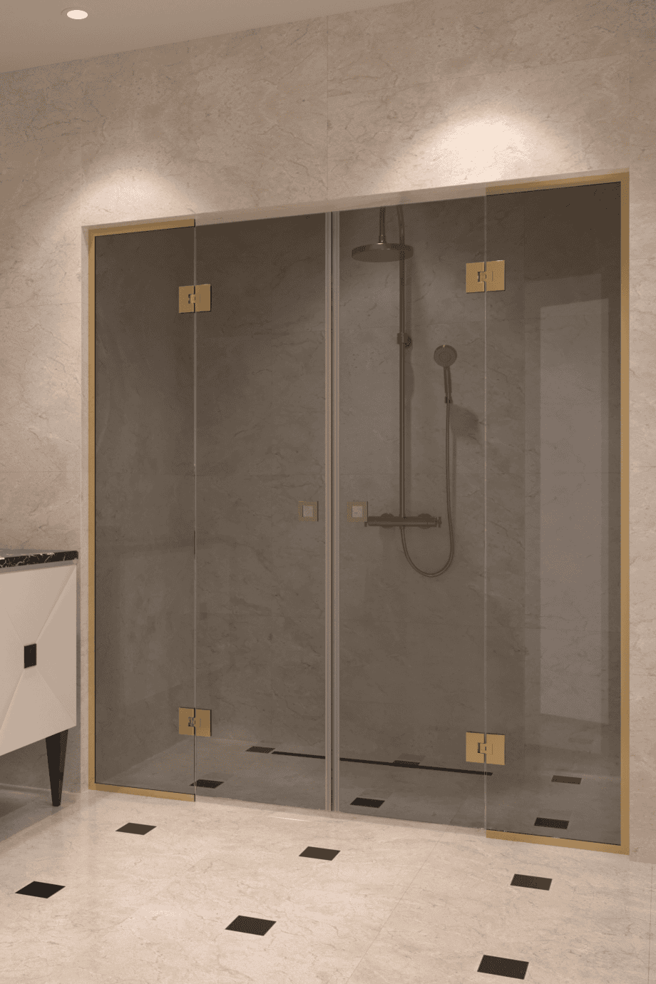 Dušisein nišši Hietakari Vetro 554, messingfurnituur, hall toonklaas Dušisein nišši Hietakari Vetro 554, messingfurnituur, hall toonklaas